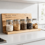 Lebensmittel länger frisch halten: 7 Profi‑Tipps, die sofort wirken - Description: modern kitchen countertop with neatly labeled glass jars wooden board with handwritten tips bright natural light